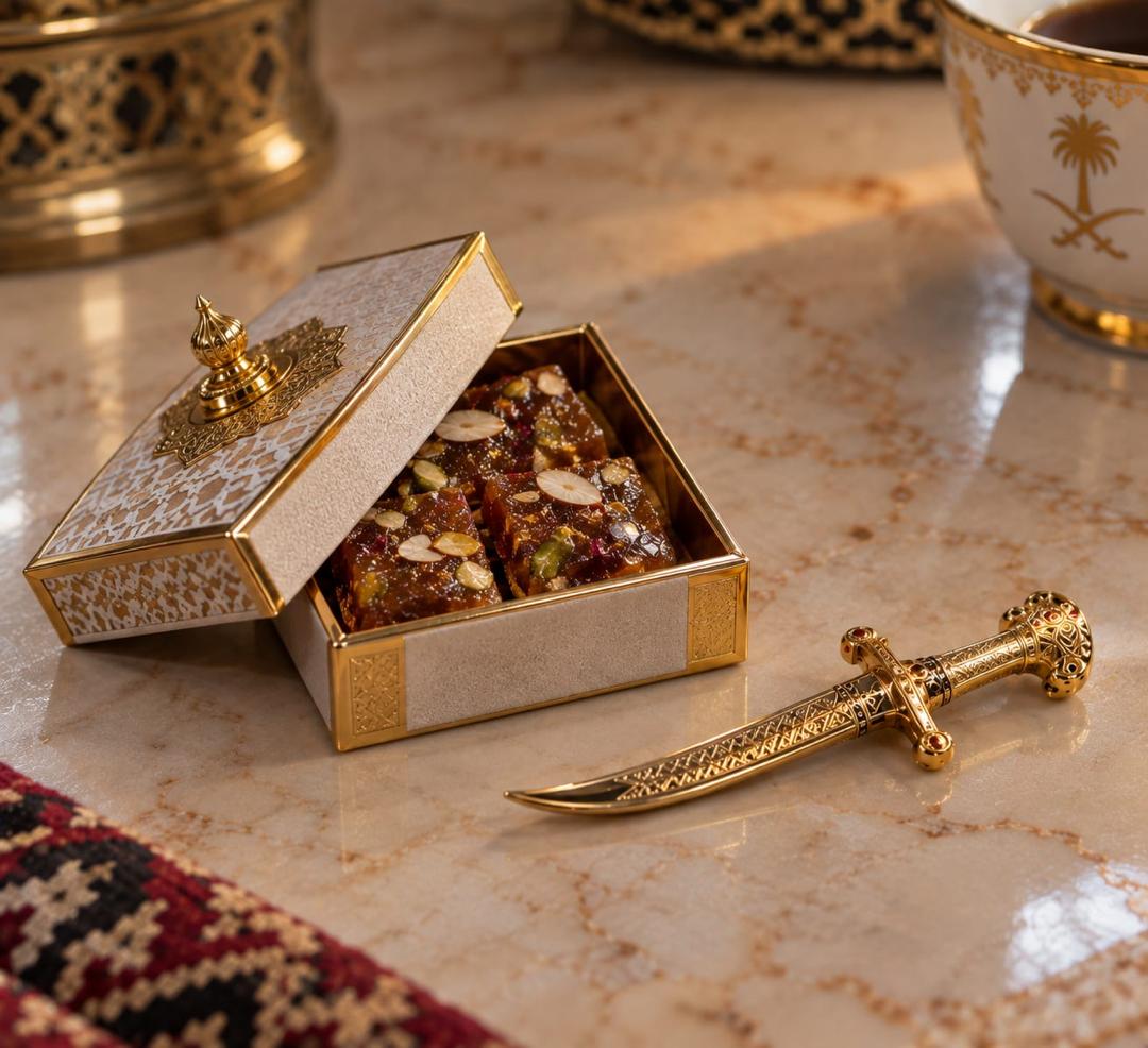 Ornate Omani halwa gift box and a decorative Emirati sword